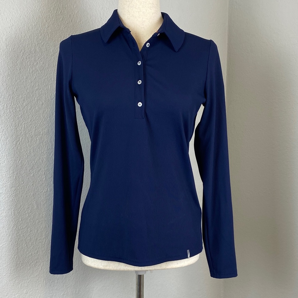 KJUS Celin Navy Blue Women's Small Long-Sleeve Golf SPF 50 Sport Fit Polo - Picture 2 of 11